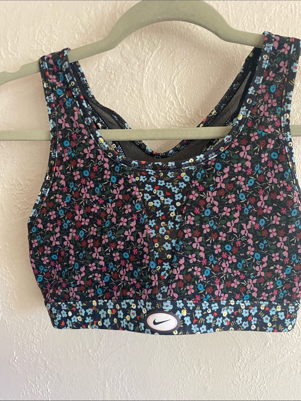 Nike Black Floral Racerback Sports Bra with Pink & Blue Accents